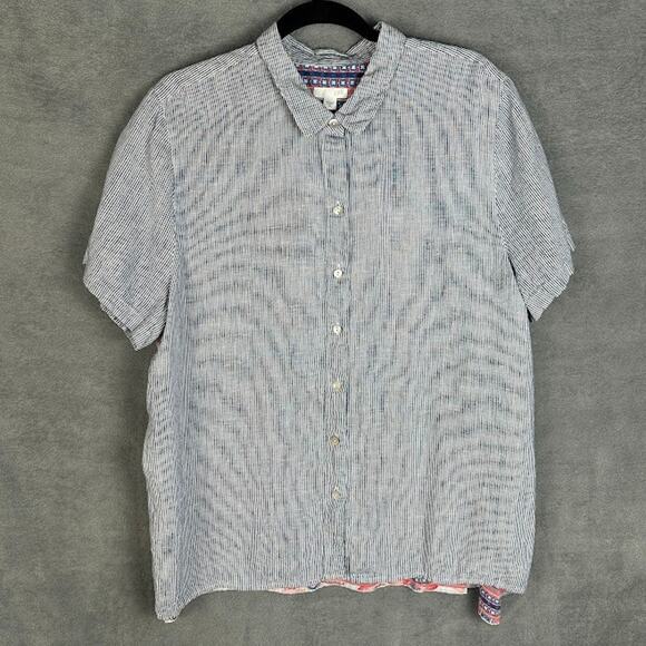 J Jill Top Womens Extra Large Blue Striped Floral Short Sleeve Linen Resort - Picture 1 of 13